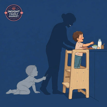Child using a sensory-friendly learning tower at a kitchen counter with supportive adult