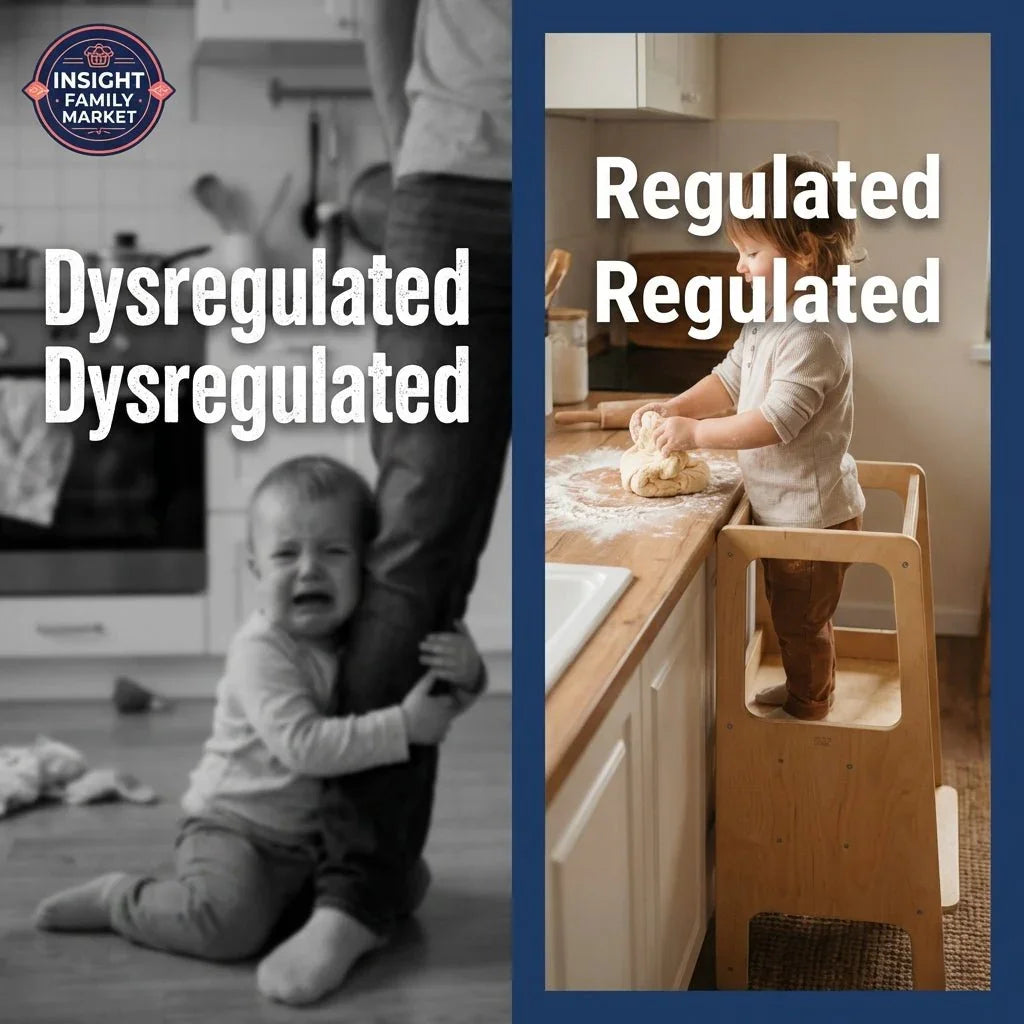 Crying child clinging to adult leg labeled 'dysregulated', calm child playing with dough on step stool labeled 'regulated'.