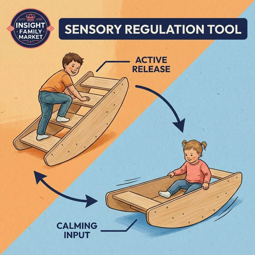 Children using a wooden sensory regulation tool for active play and calming input.