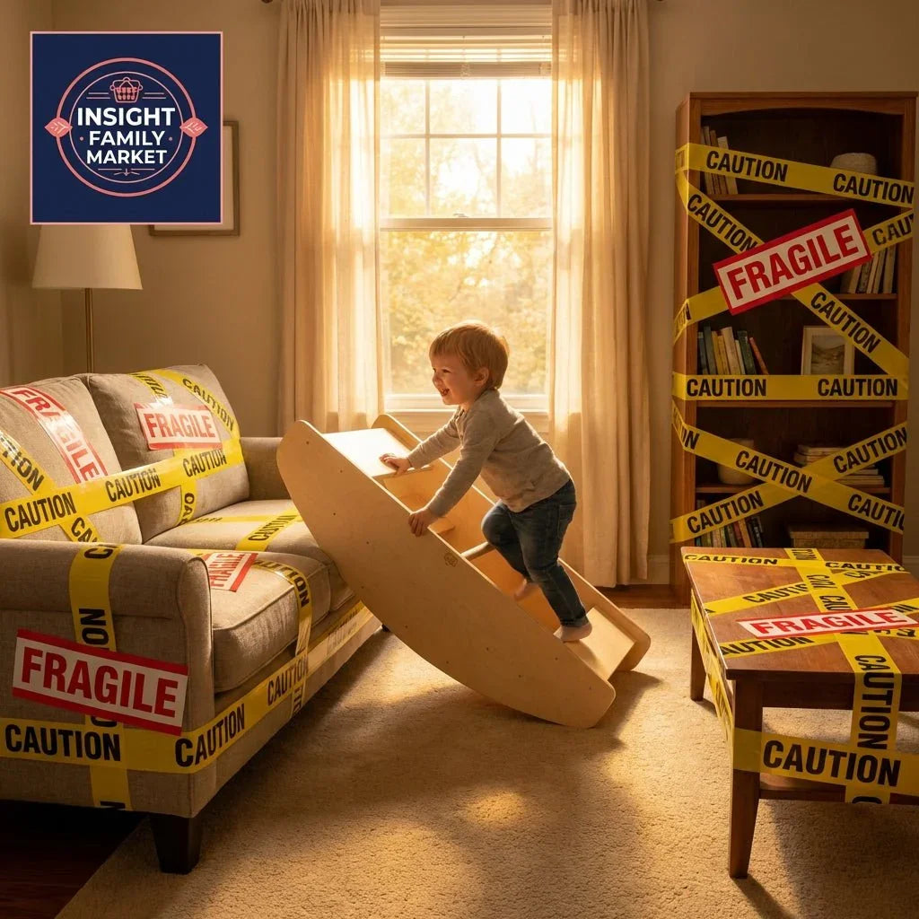 Young child climbing indoor balance board in living room with caution tape on furniture, sensory play