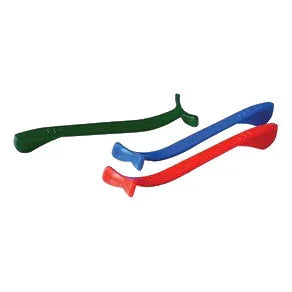 Colorful plastic shoehorns, green, blue and red, for easy shoe wearing support