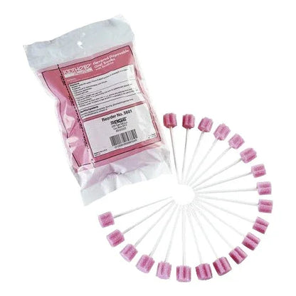 Bag and arrangement of pink oral swabs with foam tips for sensory oral care