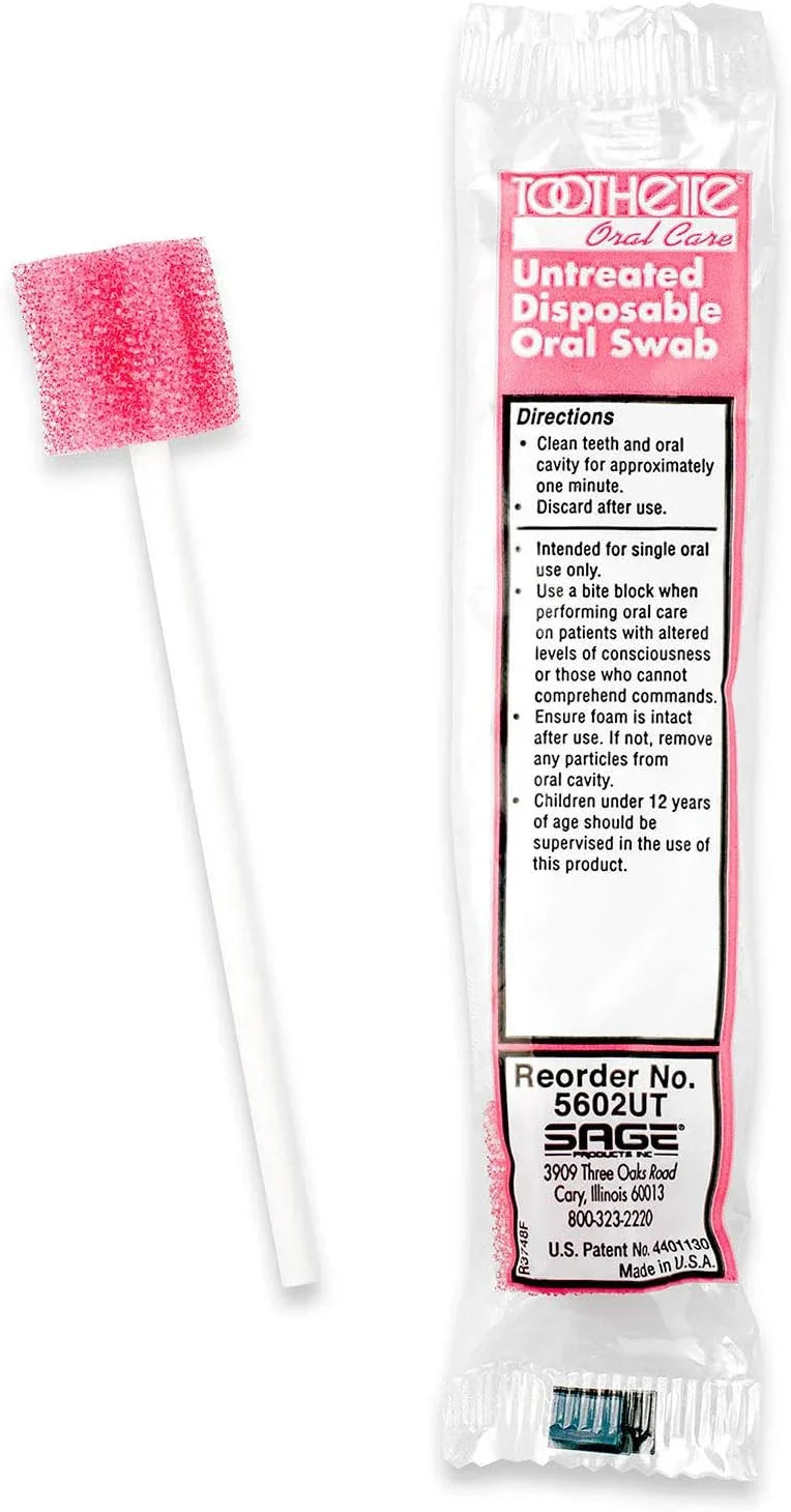 Pink disposable oral swab with white handle next to its clear packaging with usage instructions