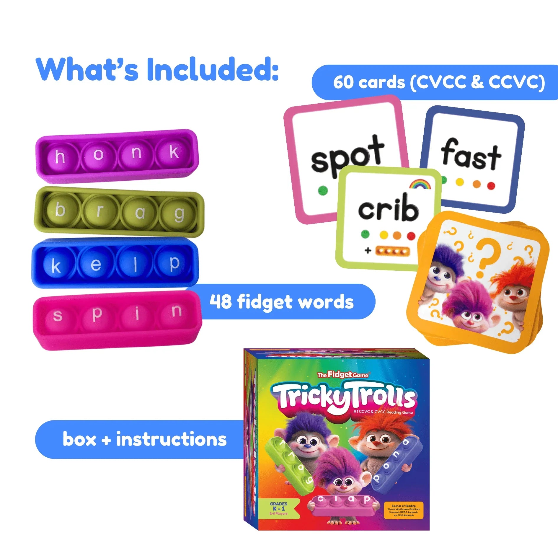 Tricky Trolls reading game set with fidget word poppers, CVCC and CCVC cards, and instructions.