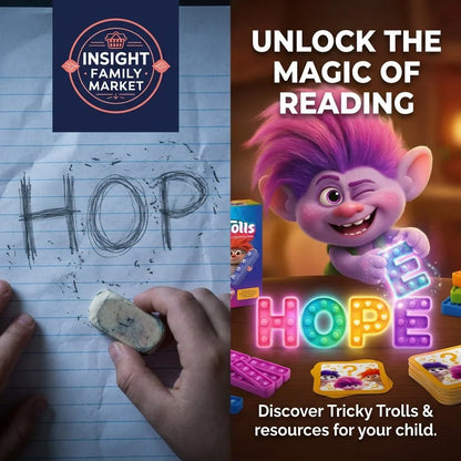Child erasing handwritten word on paper, next to colorful Tricky Trolls reading tools and cards