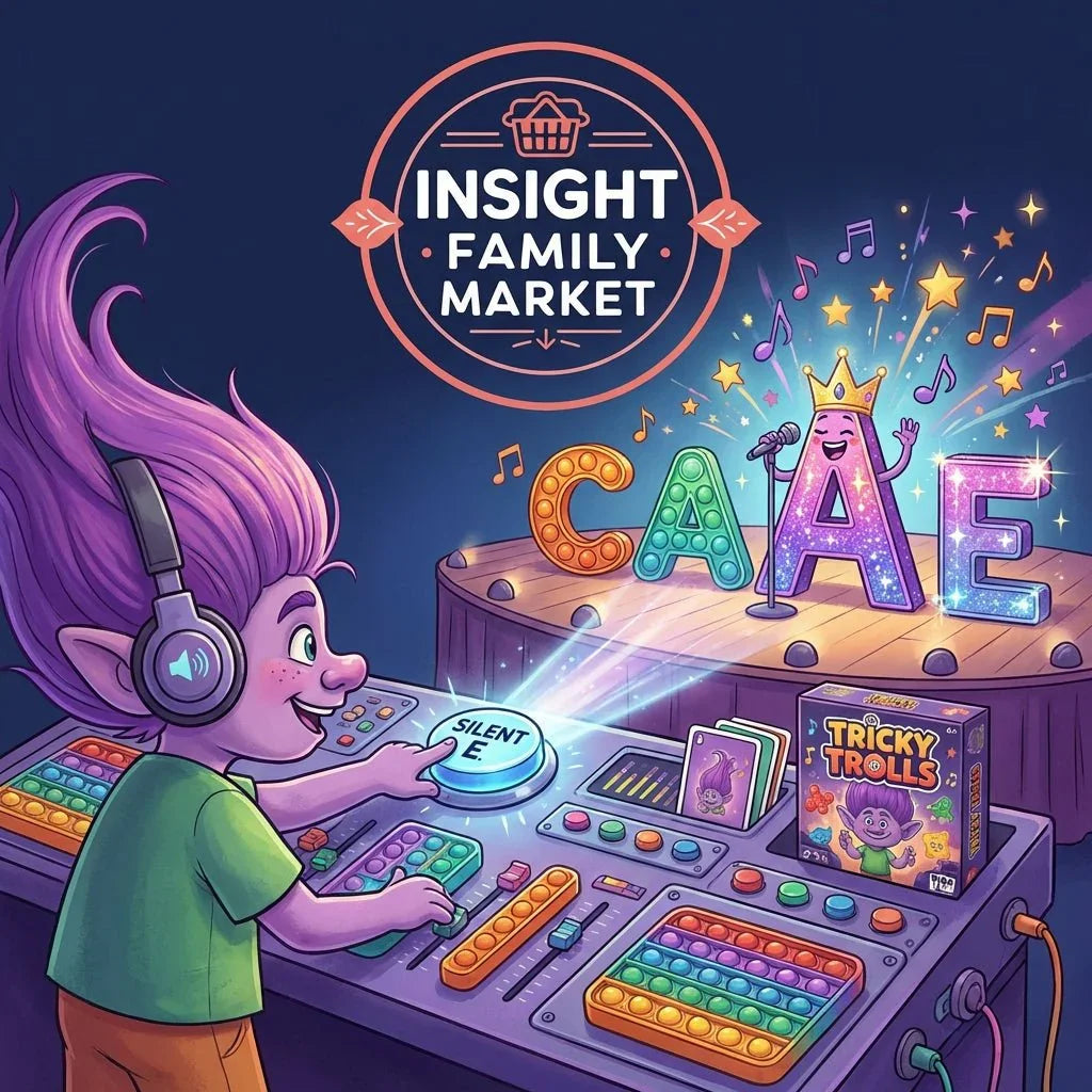 Colorful cartoon troll using learning tools and pop-its, with Tricky Trolls reading game.