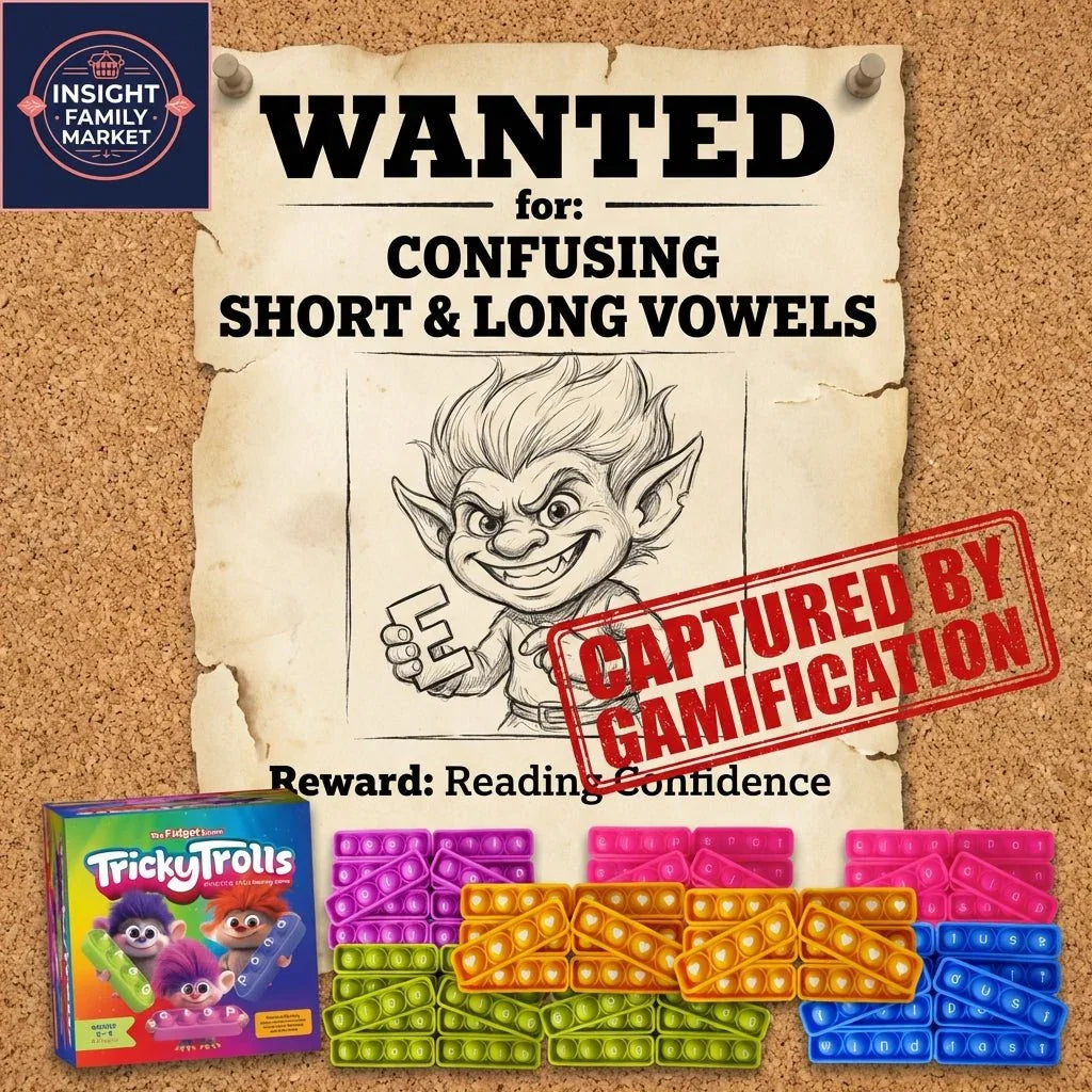 Wanted poster featuring cartoon troll holding vowel letter E, Tricky Trolls reading game, colorful poppers
