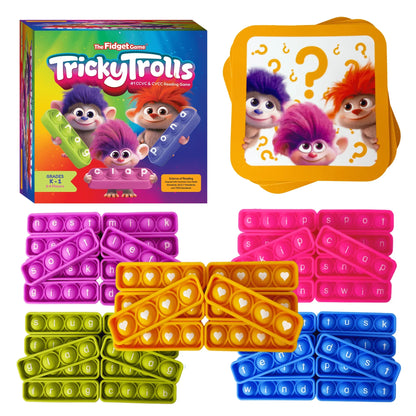 Colorful Tricky Trolls educational reading game with pop fidget pieces and illustrated cards.