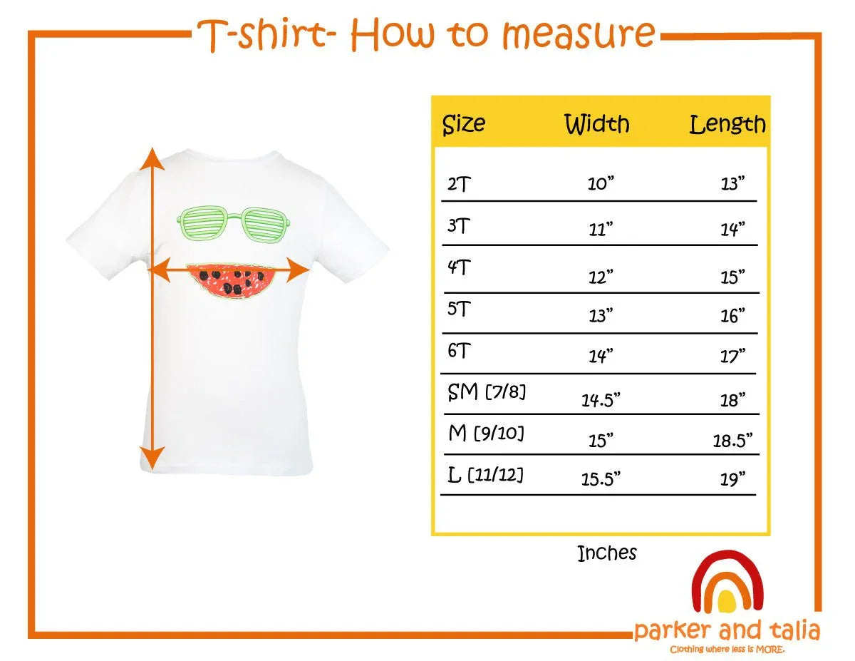 T-shirt measurement guide with width and length chart, showing how to measure kids' shirts.