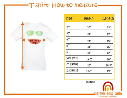 T-shirt measurement guide with width and length chart, showing how to measure kids' shirts.