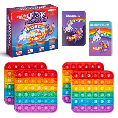 Unicorns vs Dragons fidget game box, rainbow pop it alphabet and number boards, and learning cards.