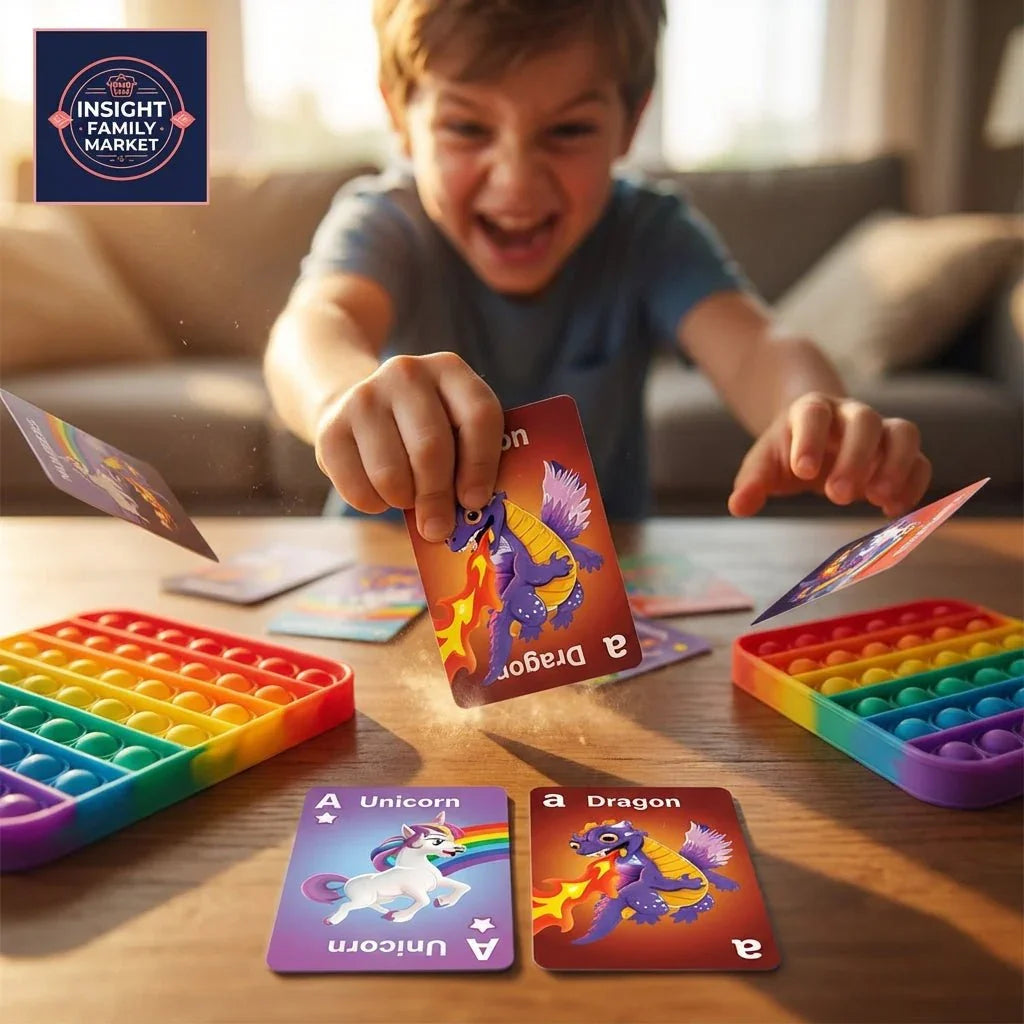 Smiling child playing with dragon and unicorn flashcards, rainbow sensory fidget toys nearby