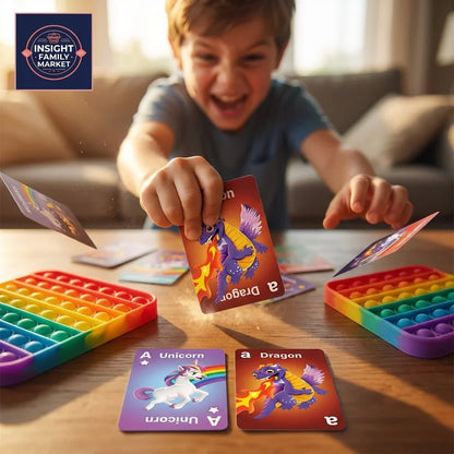 Smiling child playing with dragon and unicorn flashcards, rainbow sensory fidget toys nearby