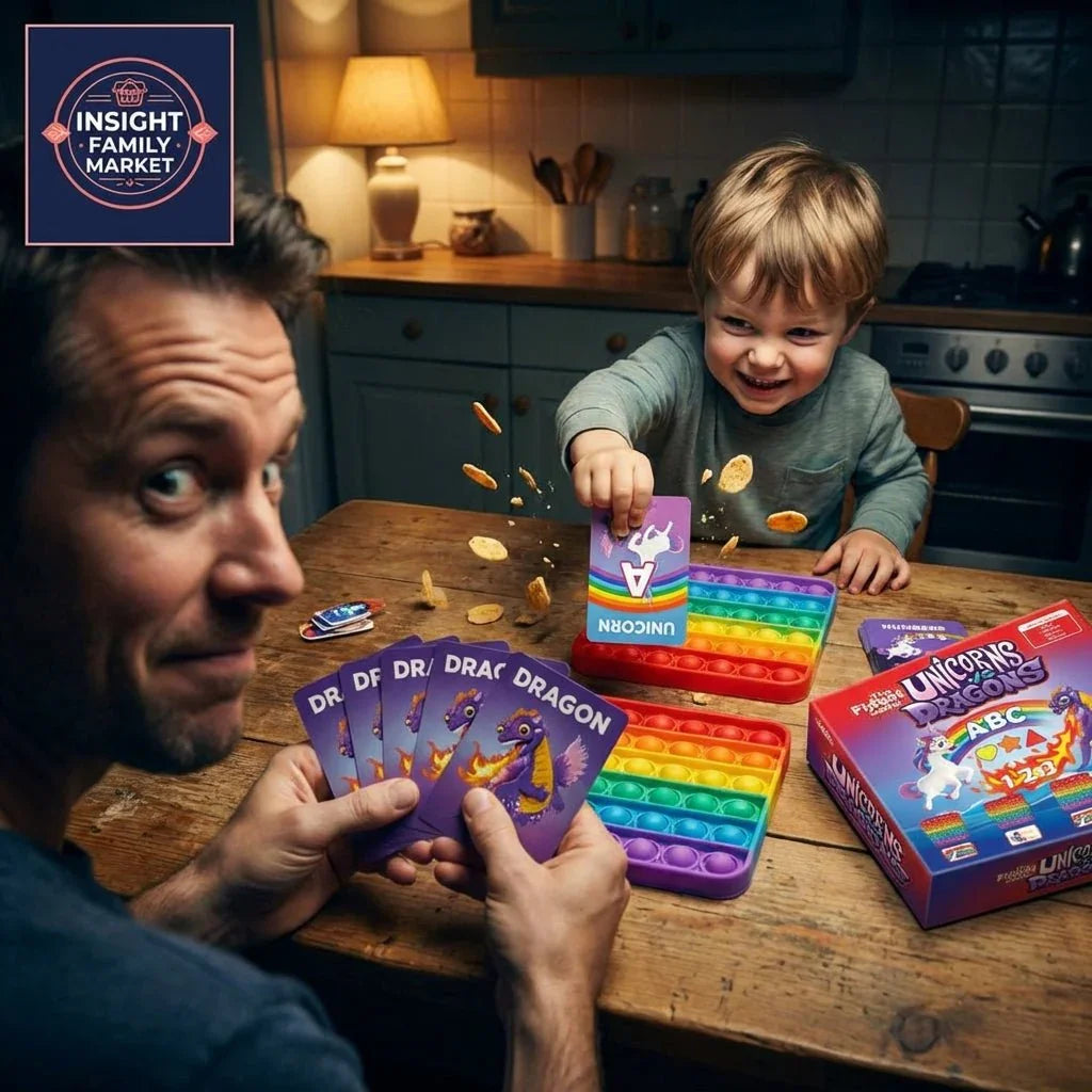 Adult and child playing Unicorns vs Dragons ABC card game with sensory pop fidget toys in kitchen