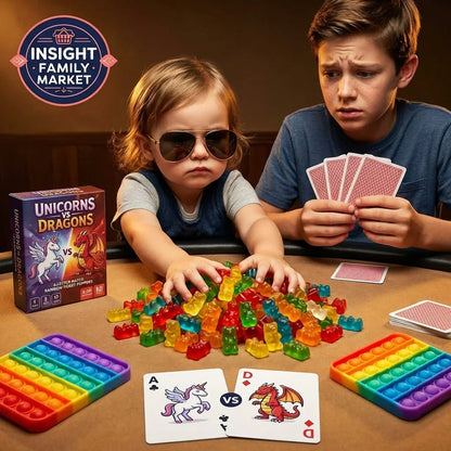 Kids playing Unicorns vs Dragons card game with gummy bears, pop it toys, and poker cards