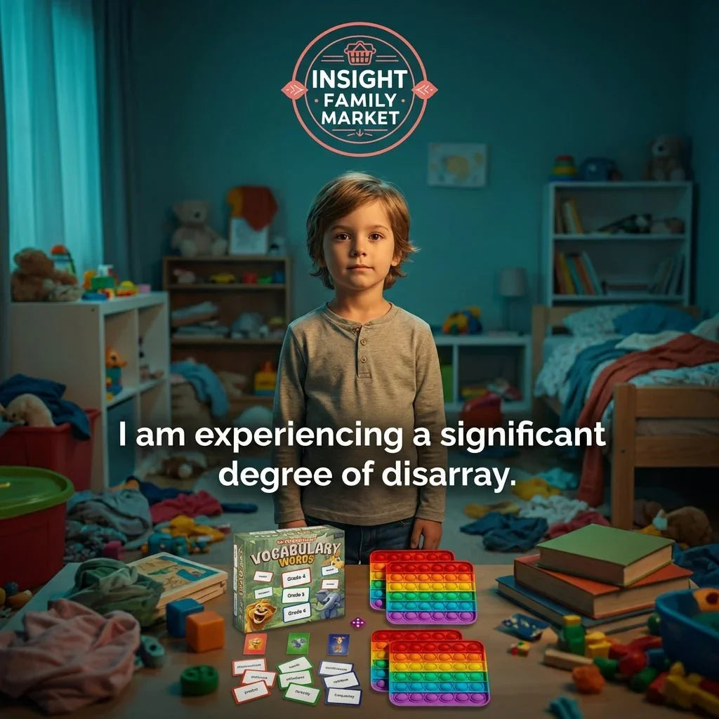 Young child in messy bedroom with sensory toys, educational vocabulary game, and text overlay about disarray.