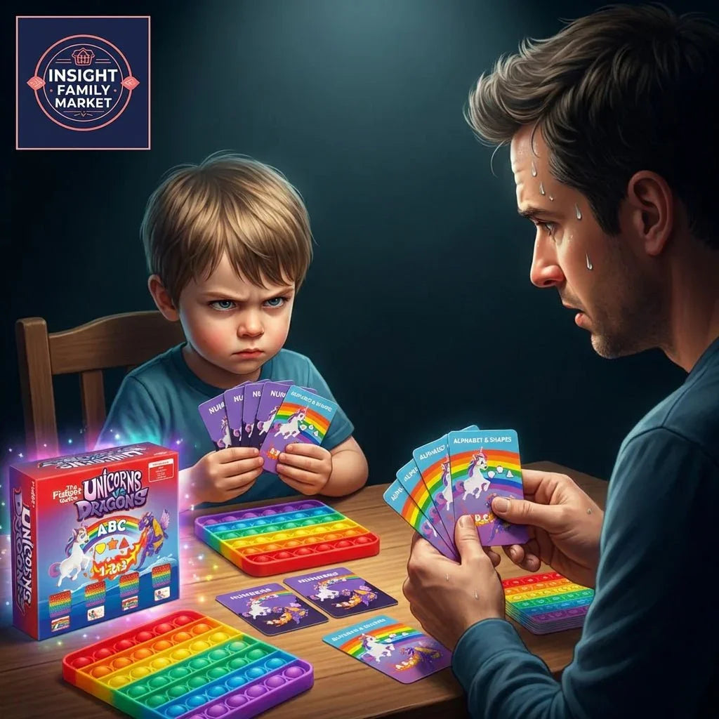 Child and adult intensely playing an educational unicorns and dragons ABC card game with sensory pop-it toys on a table.