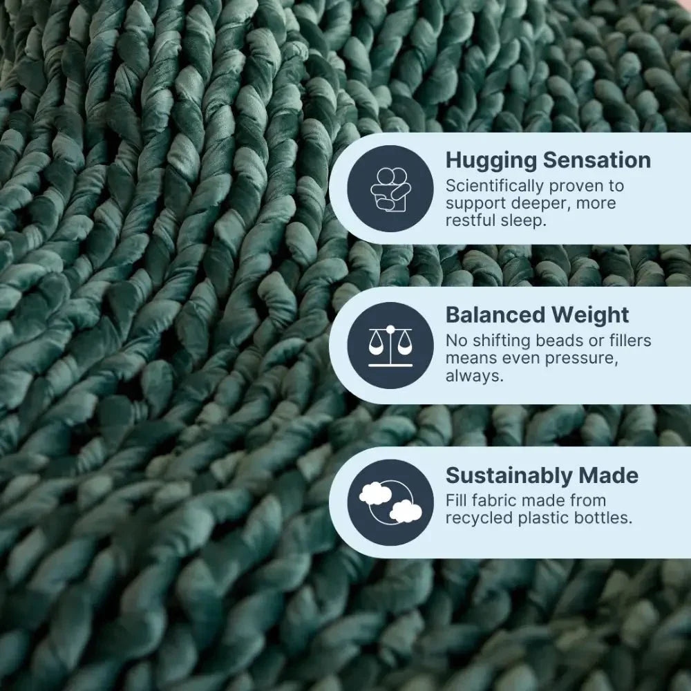 Emerald green chunky velvet weighted blanket with comfort and eco-friendly benefits highlighted.
