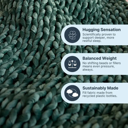 Emerald green chunky velvet weighted blanket with comfort and eco-friendly benefits highlighted.