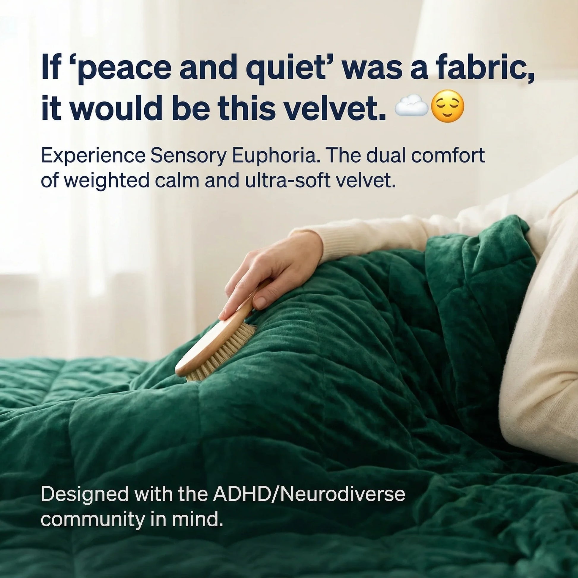 Person brushing a green velvet weighted blanket, sensory-friendly and calming for neurodiverse users