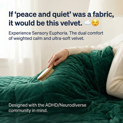 Person brushing a green velvet weighted blanket, sensory-friendly and calming for neurodiverse users