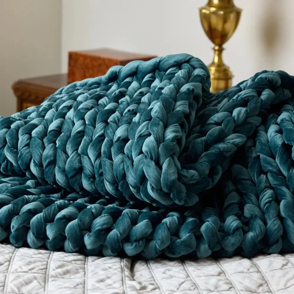 Sapphire blue velvet chunky knit weighted blanket on a bed, cozy sensory sleep support