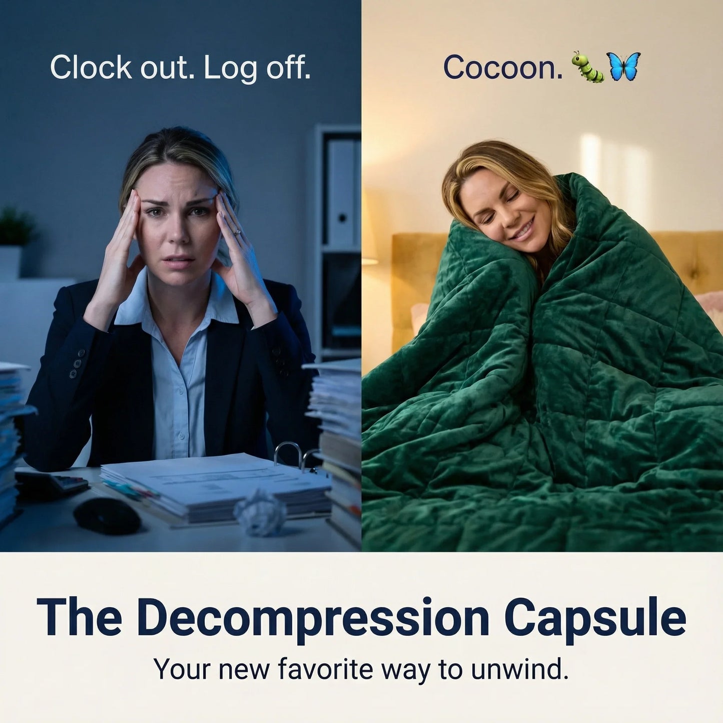 Stressed woman at office and relaxed woman cocooned in a green sensory blanket at home.