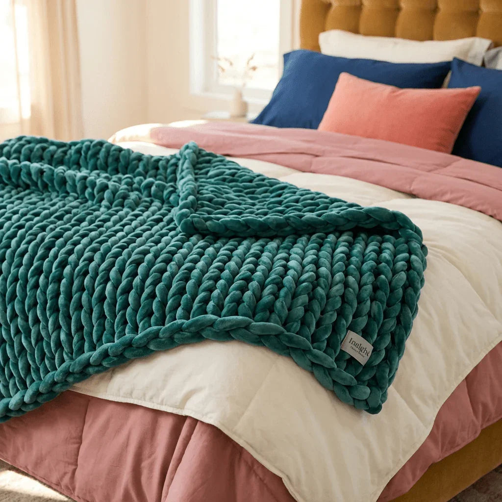 Teal chunky knit sensory blanket on a neatly made bed in a cozy sunlit bedroom