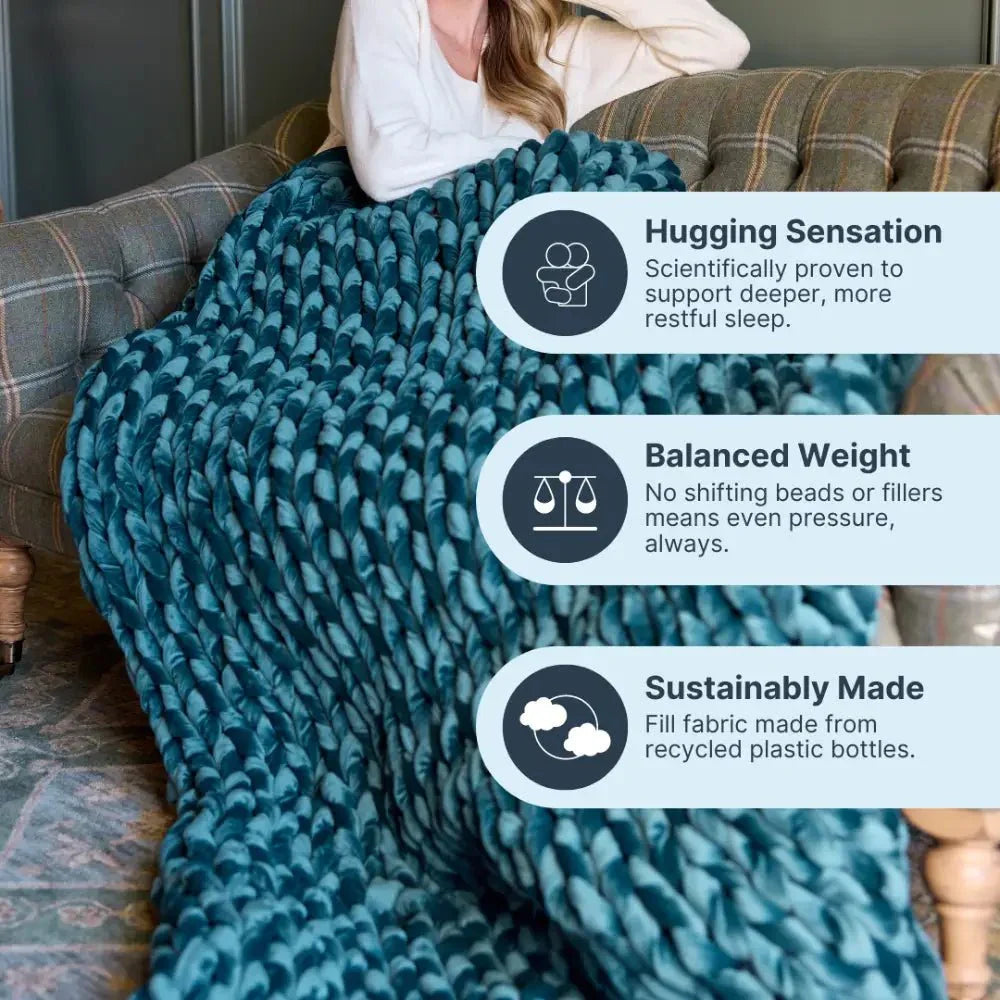 Woman on sofa with teal velvet weighted blanket, highlighting balanced weight and eco-friendly features.