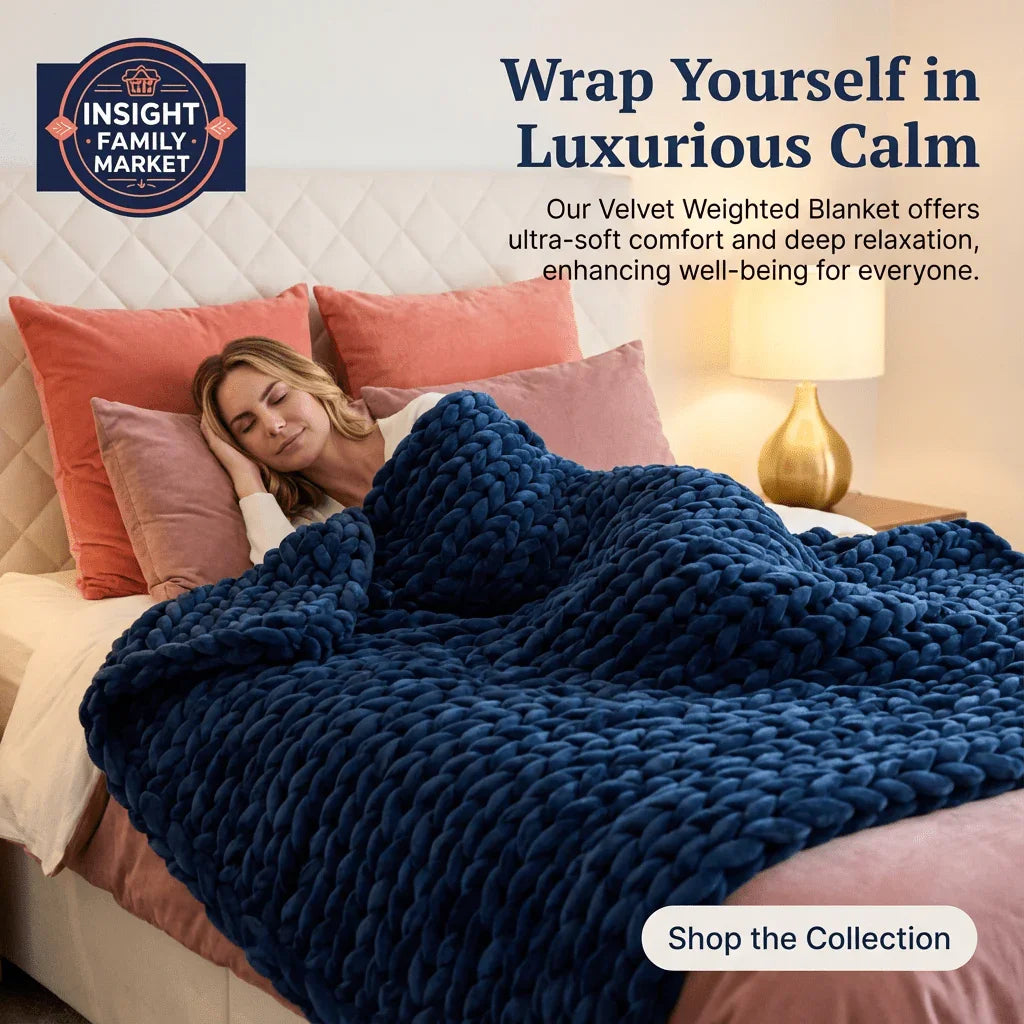 Woman relaxing under a blue velvet weighted blanket on a bed with pink pillows.