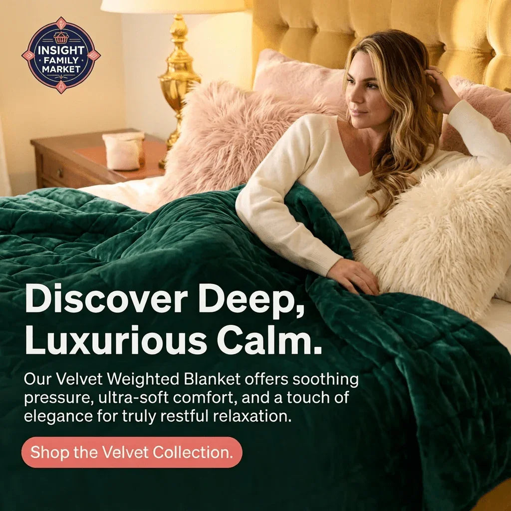 Woman relaxing under a green velvet weighted blanket on a bed with pink pillows.