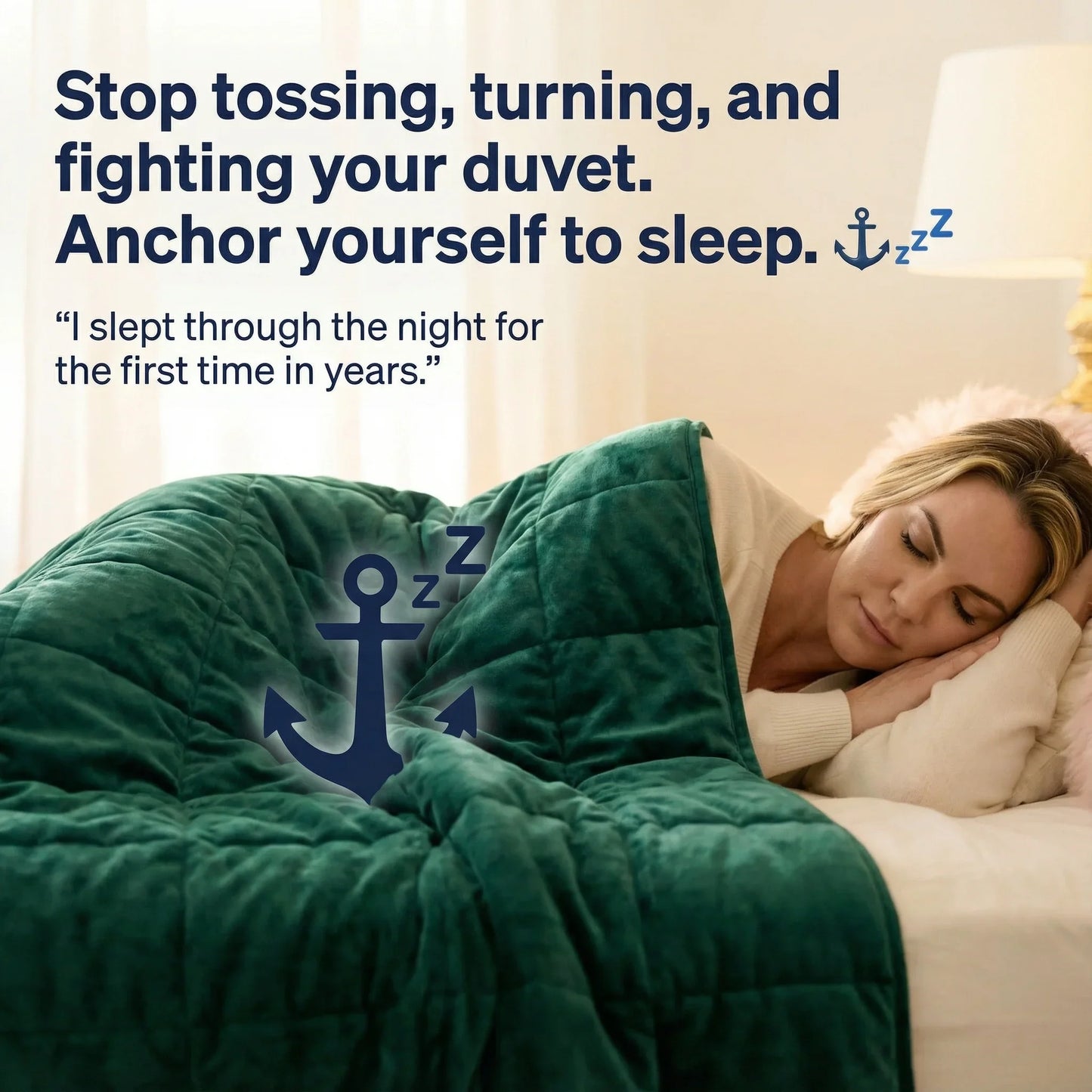 Woman sleeping peacefully under a green weighted blanket with anchor and sleep symbols, promoting restful sleep support.