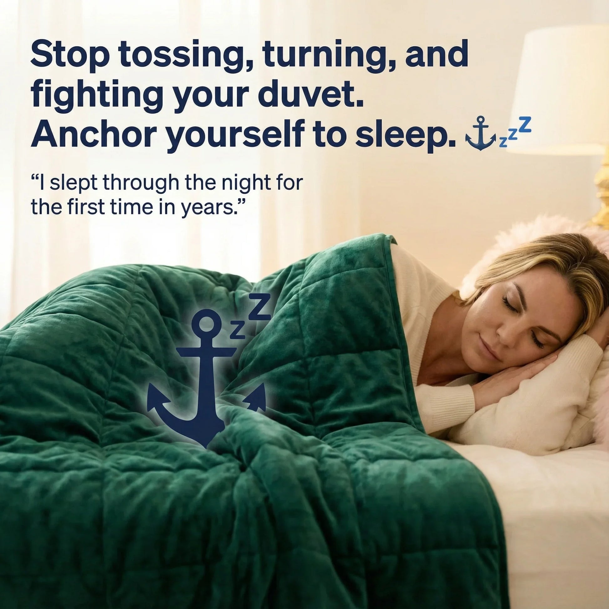Woman sleeping peacefully under a green weighted blanket with anchor and sleep symbols, promoting restful sleep support.