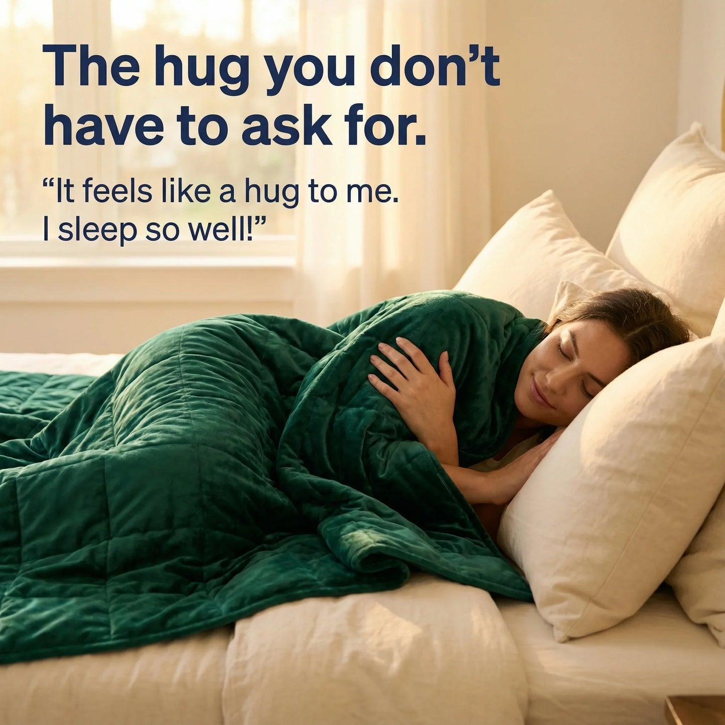 Woman sleeping peacefully under a green weighted sensory blanket on a bed