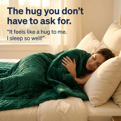 Woman sleeping peacefully under a green weighted sensory blanket on a bed