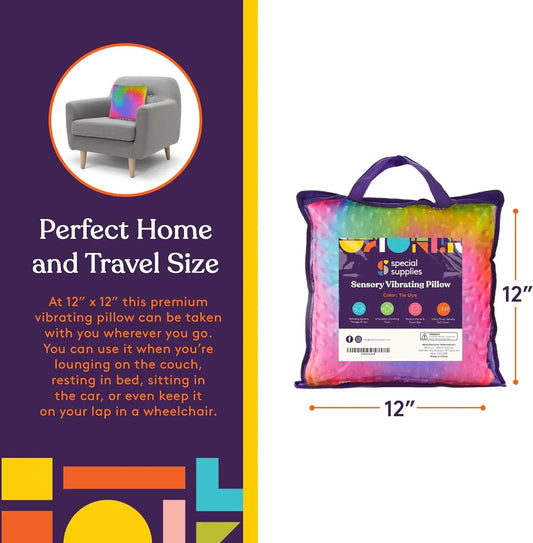 Tie dye sensory vibrating pillow for kids, 12 x 12 inches, shown on grey chair and close-up.
