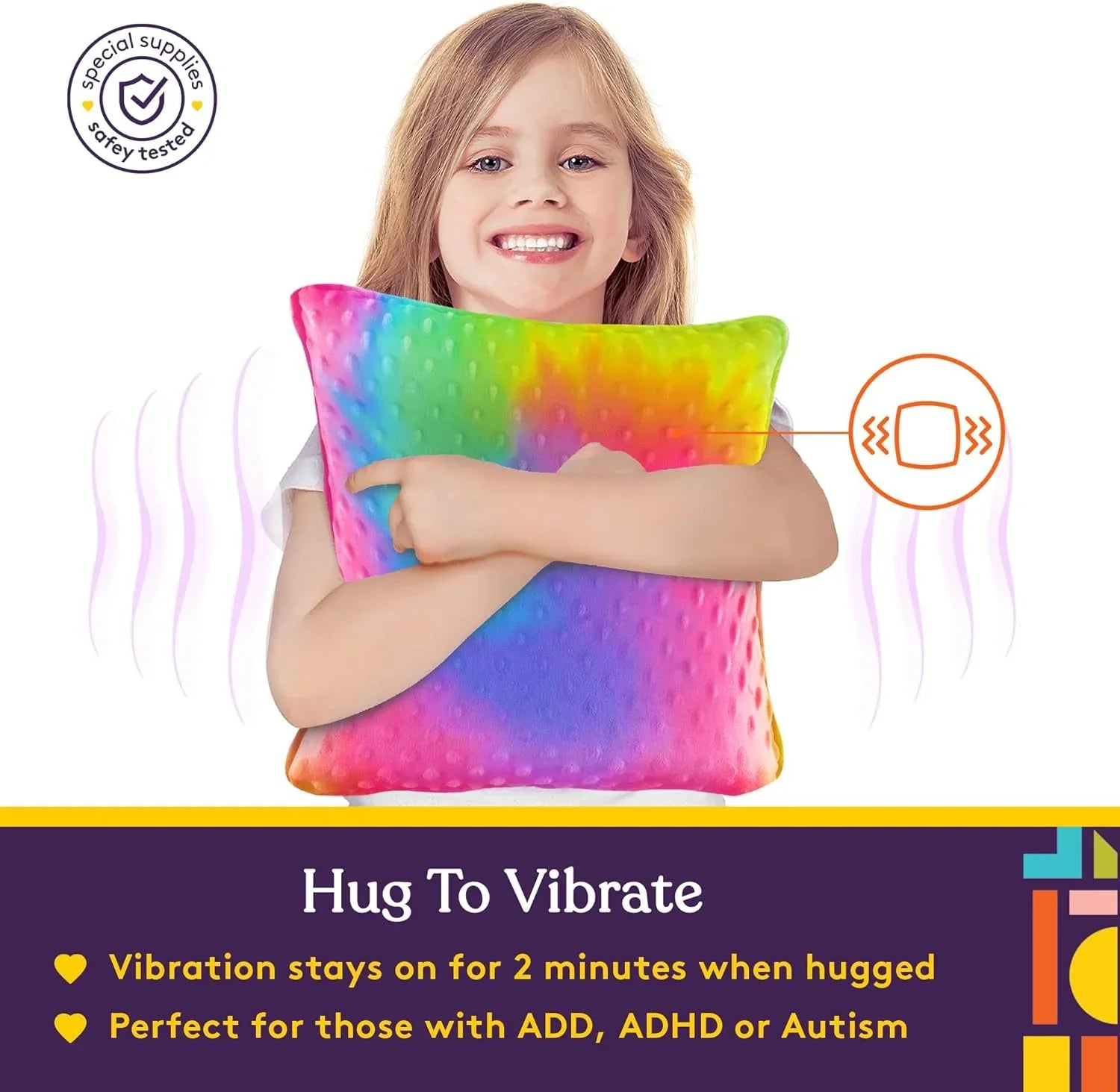 Child hugging rainbow sensory vibrating pillow, ideal for ADHD and autism support.
