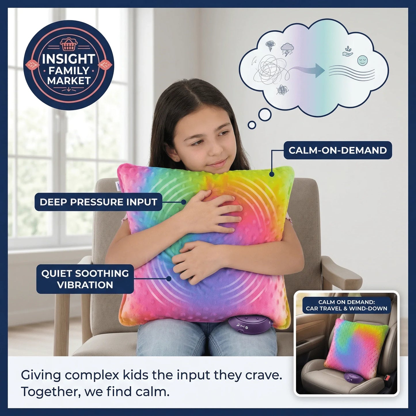 Child hugging a colorful sensory pillow with deep pressure input and quiet soothing vibration.