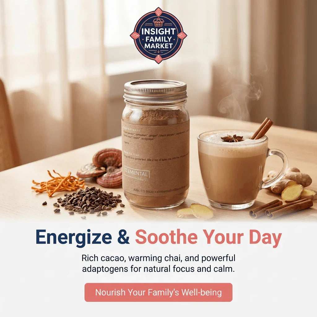 Adaptogen chai latte mix in a jar with spices, cup of chai, and fresh ginger on a table.