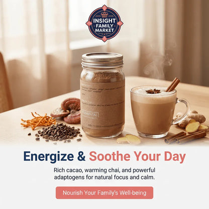 Adaptogen chai latte mix in a jar with spices, cup of chai, and fresh ginger on a table.