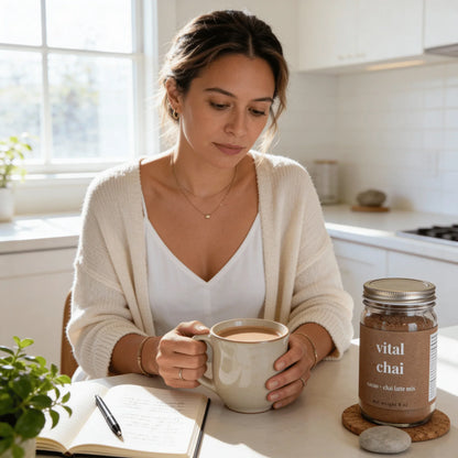 Woman drinking cacao chai latte in bright kitchen, notebook and Vital Chai mix jar on table