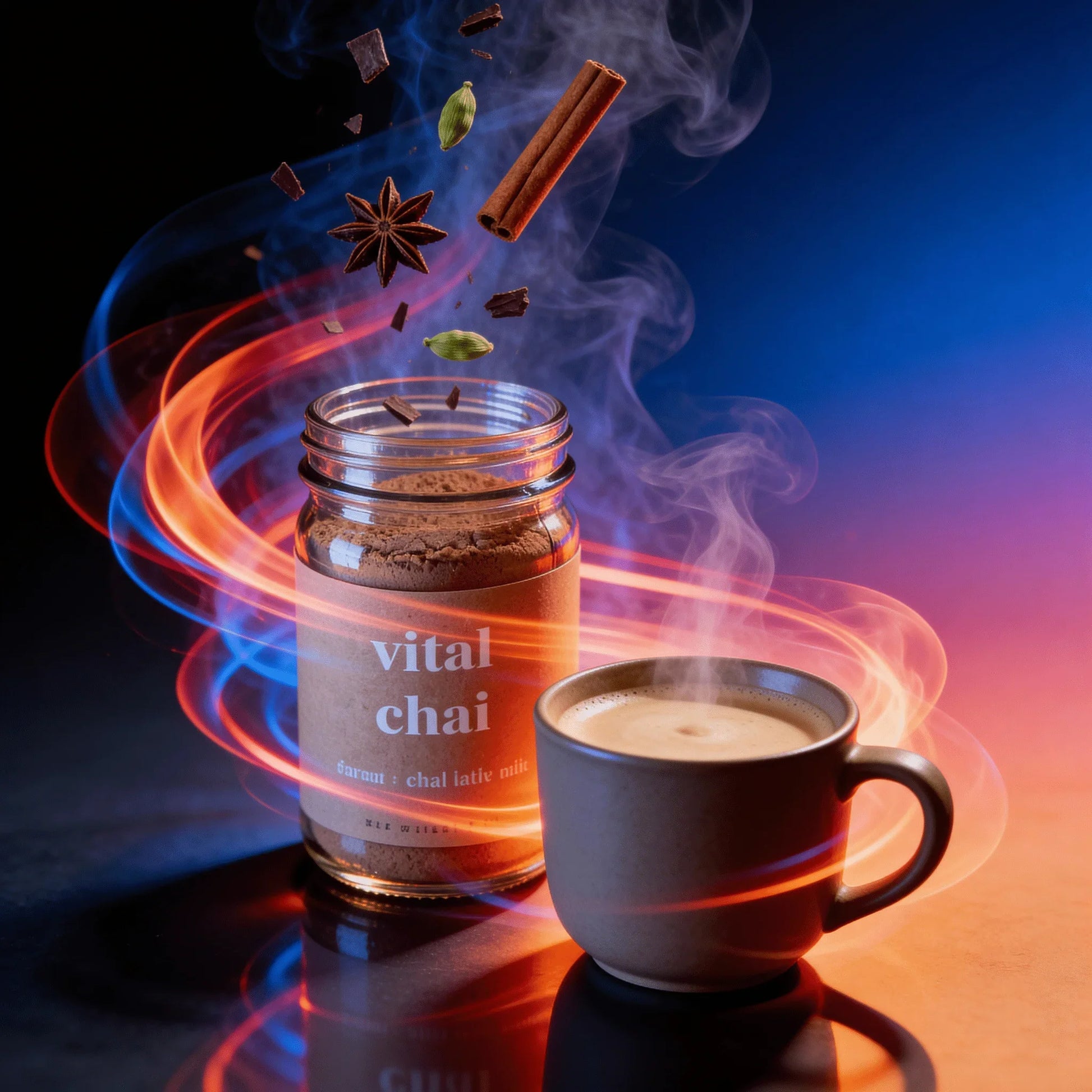 Vital chai latte mix jar with spices and steaming chai latte in a cup, vibrant background