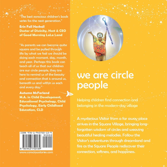 Back cover of 'We Are Circle People' children's book with testimonials, a circular illustration of a character holding a staff, and a summary about helping children find connection and belonging.