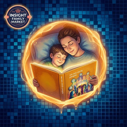 Mother and child reading sensory-friendly book in cozy setting, blue digital background