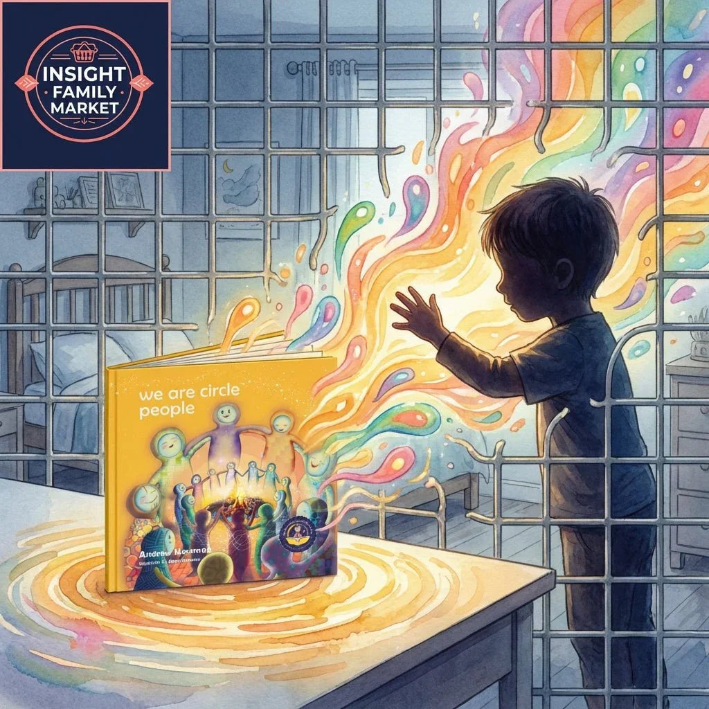 Child reaching through grid toward colorful book 'We Are Circle People', symbolizing belonging and neurodiversity.