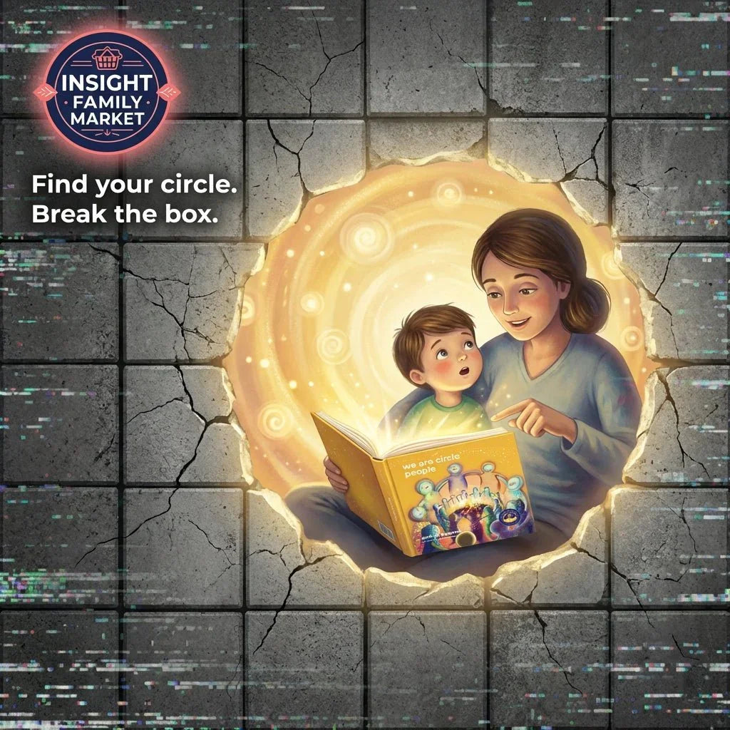 Mother and child reading a sensory-friendly book in a glowing circle, breaking through a gray wall.