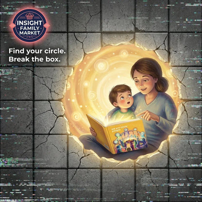 Mother and child reading a sensory-friendly book in a glowing circle, breaking through a gray wall.