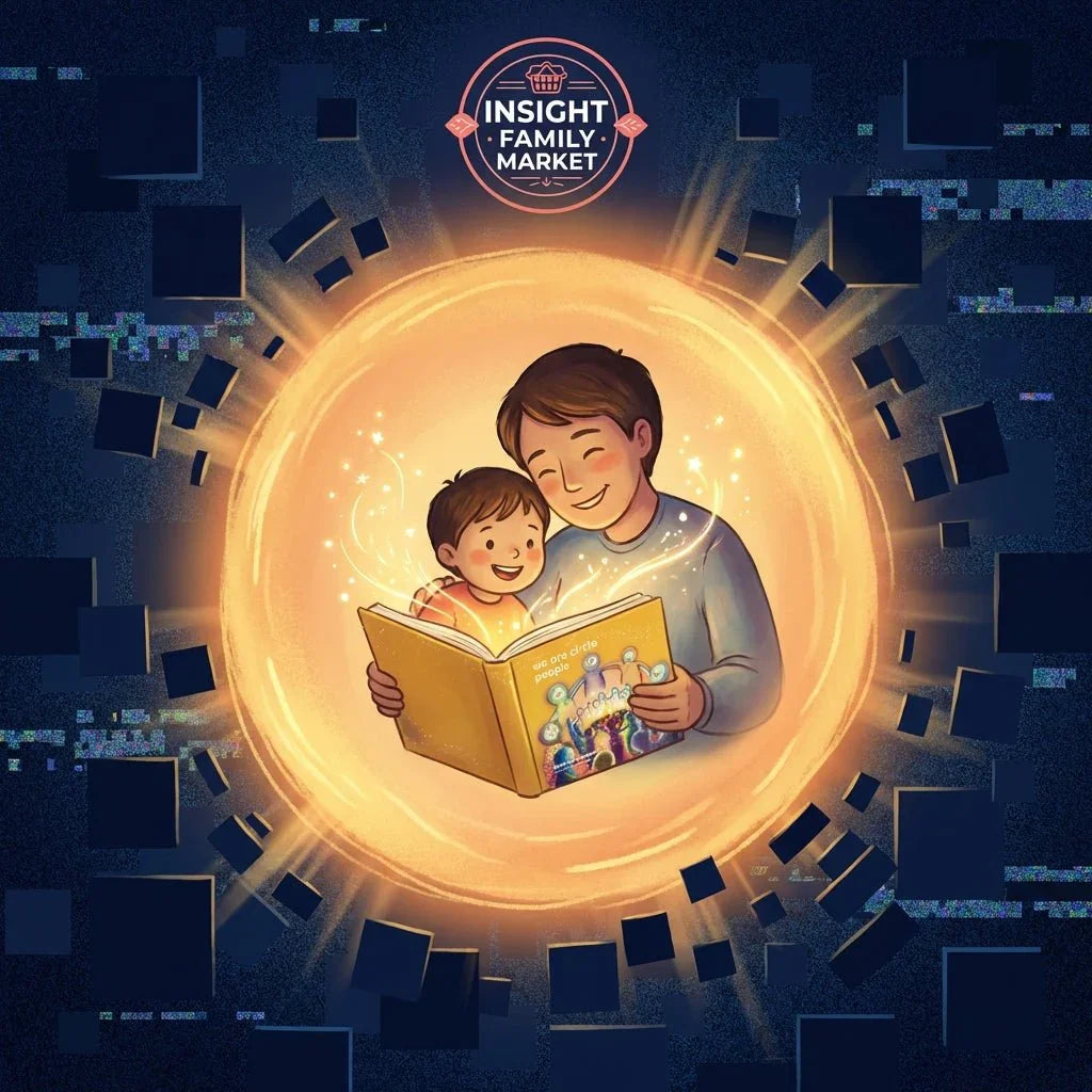 Parent and child reading sensory-friendly book in a glowing circle surrounded by squares