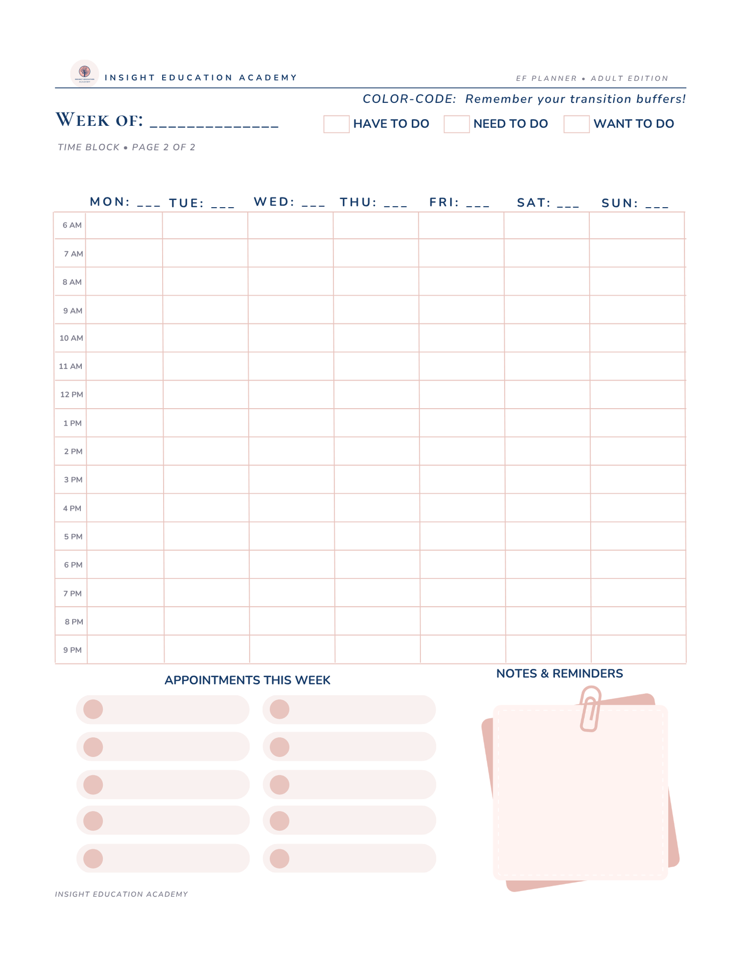 Weekly planner sheet with time blocks, appointments, and notes section.