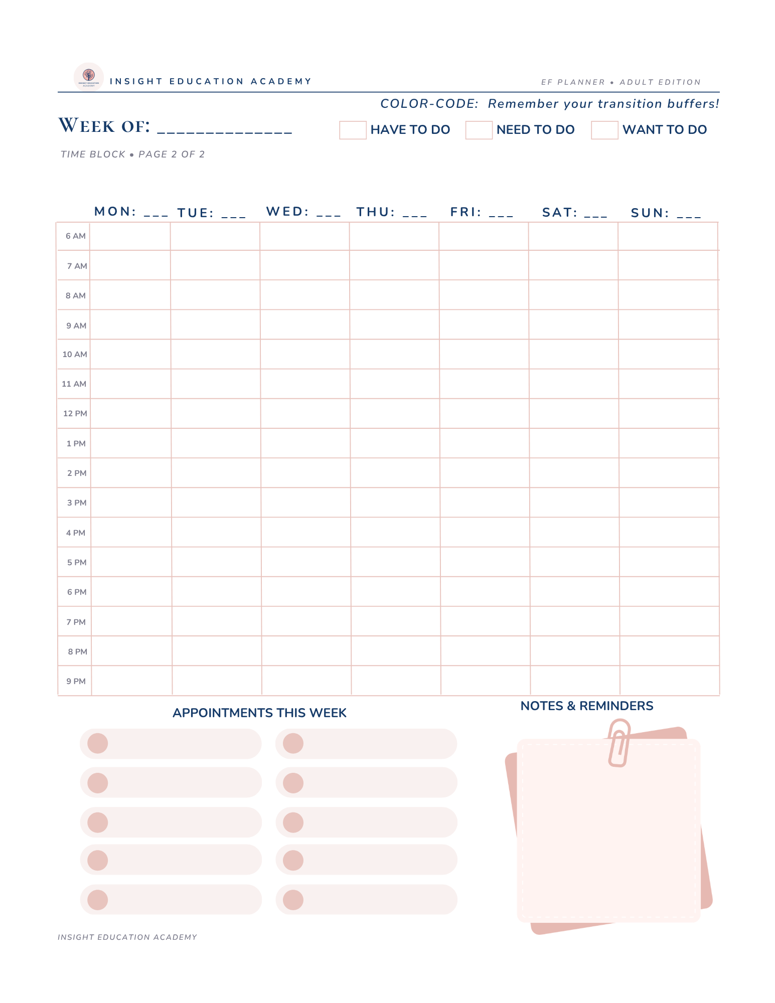 Weekly planner sheet with time blocks, appointments, and notes section.